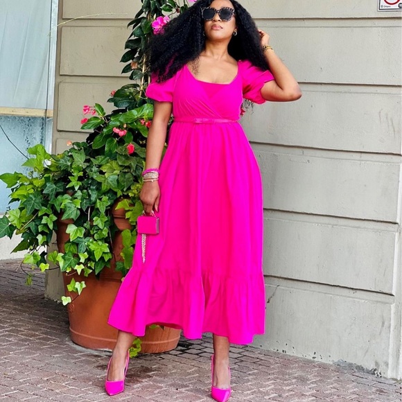 ZARA | NWT FUCHSIA PUFF SLEEVES MIDI DRESS BLOGGERS FAVORITE - Picture 10 of 10